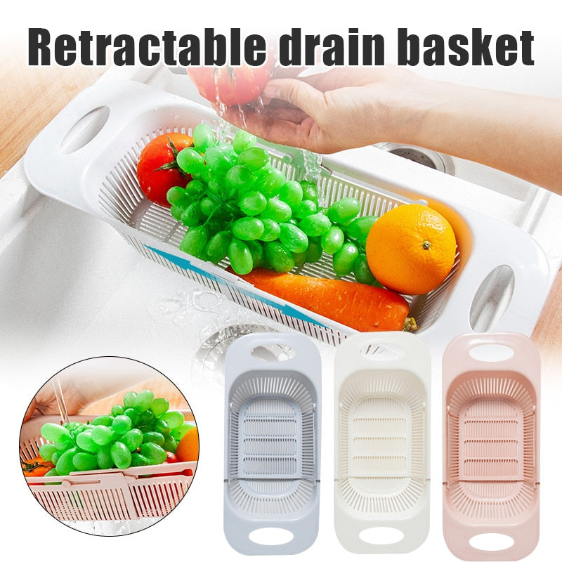 Adjustable Over the Sink Colander Strainer Basket Wash Vegetables Fruits Drain Dry Dishes Extendable Kitchen