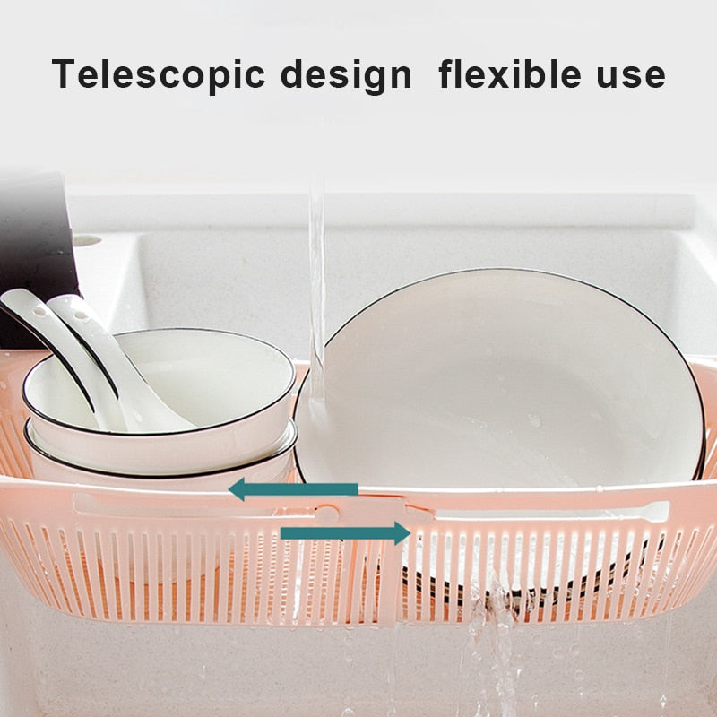 Adjustable Over the Sink Colander Strainer Basket Wash Vegetables Fruits Drain Dry Dishes Extendable Kitchen